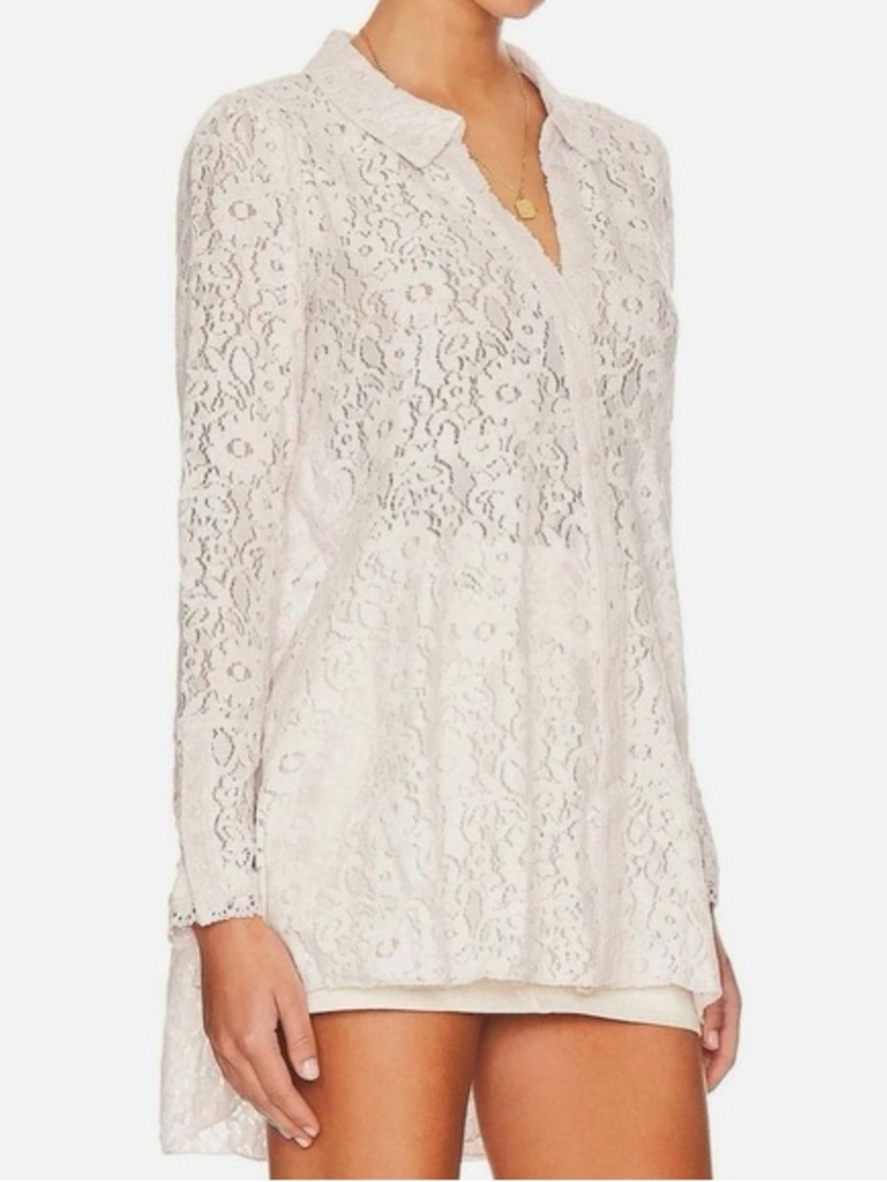 Free People Heather Tunic in Champagne Dream Button Up Collared Long Sleeve